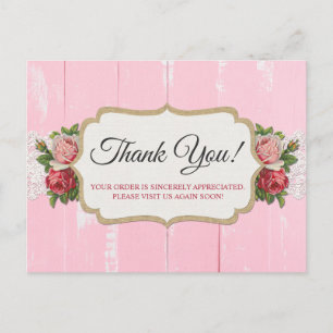 Carte Postale Merci Shabby Chic Rustique Bois Rose Floral Rose