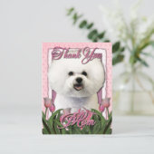 Carte Postale Merci - Tulipes roses - Bichon Frise (Debout devant)