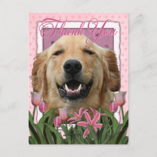 Carte Postale Merci - Tulipes roses - Golden Retriever - Mickey