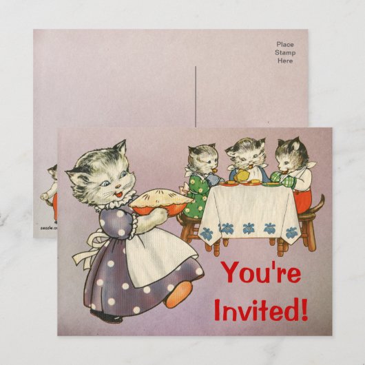 Carte Postale Mère Chat & Chatons Manger Pie - Invitation à la f (Devant / Derrière)