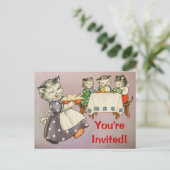 Carte Postale Mère Chat & Chatons Manger Pie - Invitation à la f (Debout devant)