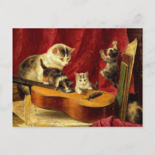 Carte Postale Mère Chat et chatons Jouer avec la guitare