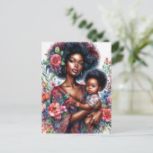 Carte Postale Mère et bébé noirs afro Fleur aquarelle (Debout devant)