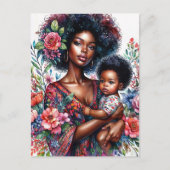 Carte Postale Mère et bébé noirs afro Fleur aquarelle (Devant)