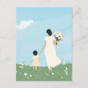 Carte Postale Mère et enfant dans une prairie en fleurs