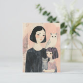 Carte Postale Mère et fille avec chat et hibou chat (Debout devant)