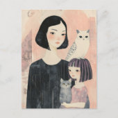 Carte Postale Mère et fille avec chat et hibou chat (Devant)