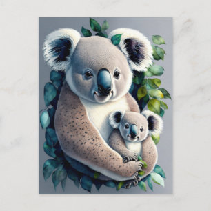 Carte Postale Mère Koala Ours et bébé, aquarelle