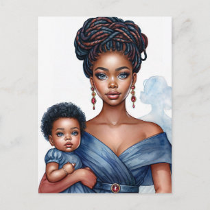 Carte Postale Mère noire et enfant en bleu