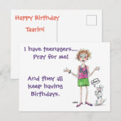 Carte Postale Mère paniquée avec des Ados ayant des anniversaire (Devant / Derrière)