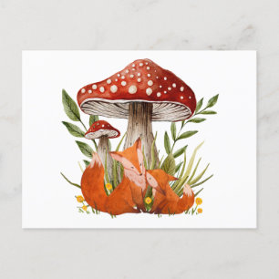 Carte Postale Mère Renard et son bébé sous les gros champignons