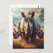 Carte Postale Mère Rhinocéros Majestueuse Avec Ses Jeunes (Devant / Derrière)