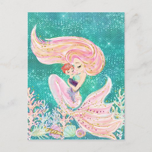 Carte Postale Mère Sirène avec bébé Parties scintillant Mer (Devant)