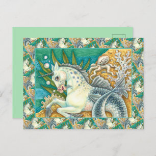 CARTE POSTALE MERHORSE & OCTOPUS BLANC, CHEVAL UNICORN IMAGINAIR