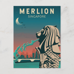 Carte Postale Merlion Singapore Travel Vintage Art