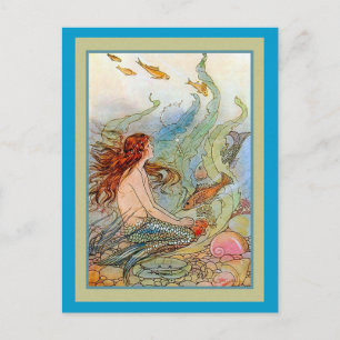 Carte Postale Mermaid Girl in Sea with Fish and Shells