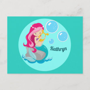 Carte Postale Mermaid Girl mignonne Personnalisé Monogramme Enfa