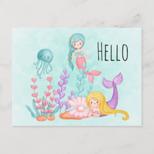 Carte Postale Mermaids et méduses sous l'aquarelle marine
