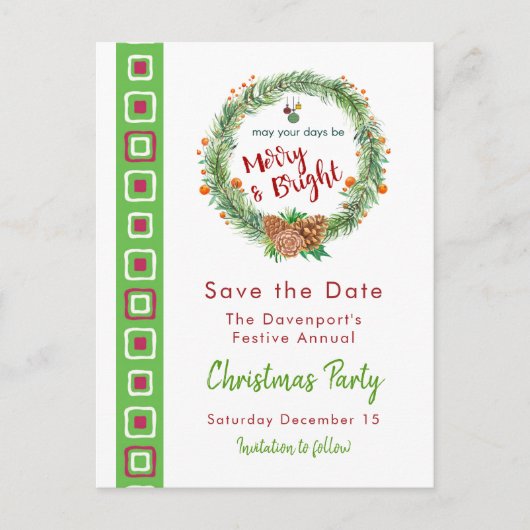 Carte Postale Merry & Bright Christmas Wreath Enregistrer la dat (Devant)