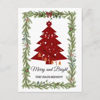 Carte Postale Merry & Bright Modern Red Christmas Tree & Script 