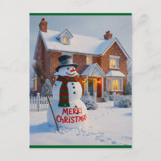 CARTE POSTALE MERRY CHRISTMAS BIG SNOWMAN WINTER SCENE