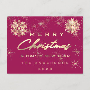 Carte Postale Merry Christmas Happy New Year Snow Gold Rose