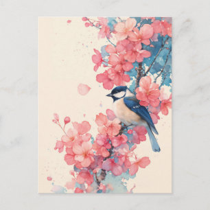 Carte Postale Mésange bleue sur branche de fleurs de cerisier ro