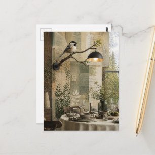 Carte Postale Mésange dans la salle à manger Collage surréaliste