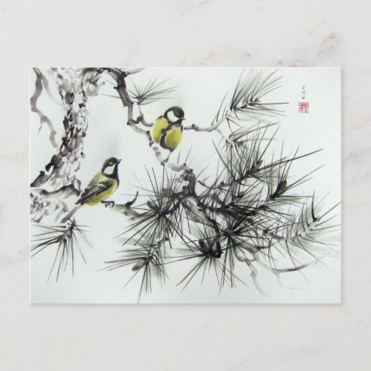 Carte Postale Mésanges aquarelle chinoise (Devant)