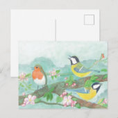 Carte Postale Mésanges chantant sur un arbre en fleurs (Devant / Derrière)