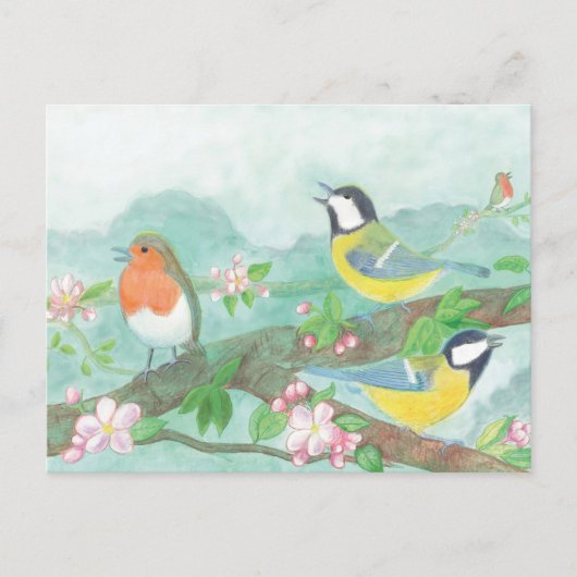 Carte Postale Mésanges chantant sur un arbre en fleurs (Devant)
