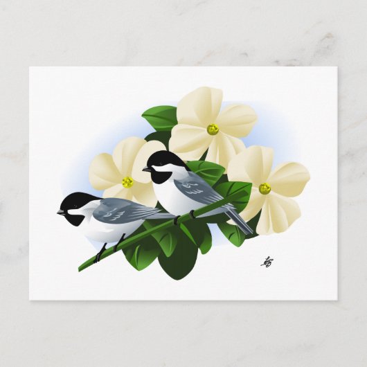 Carte Postale Mésanges et Fleur de Cornouiller (Devant)