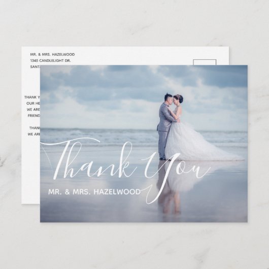 Carte Postale Message de script de Merci photo Mariage simple (Devant / Derrière)