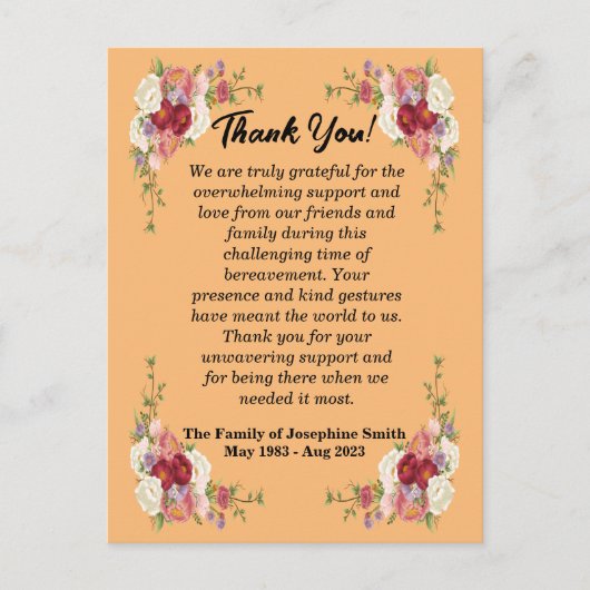 Carte Postale Message simple de remerciement pour des funéraille (Devant)