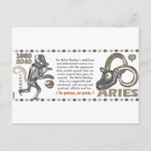 Carte Postale Metal Monkey zodiac né Aries 1980