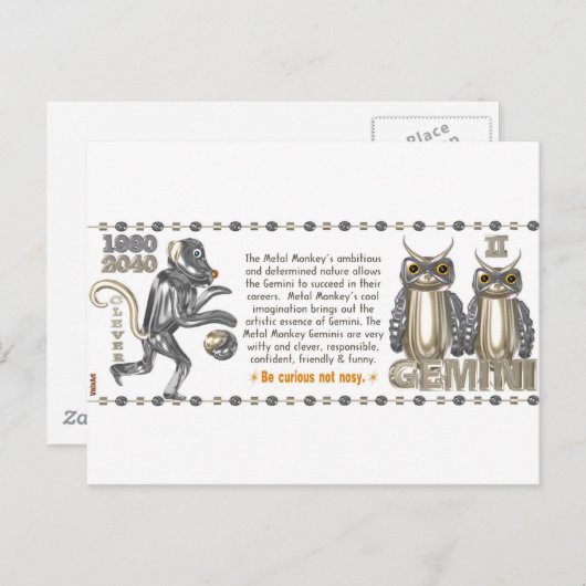 Carte Postale Metal Monkey zodiac né Gemini 1980 (Devant / Derrière)