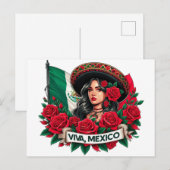 Carte Postale Mexicaine Fille Viva mexico Illustration du drapea (Devant / Derrière)