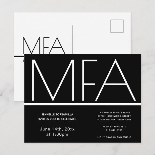Carte Postale MFA grade Black Graduation Party Invitation (Devant / Derrière)
