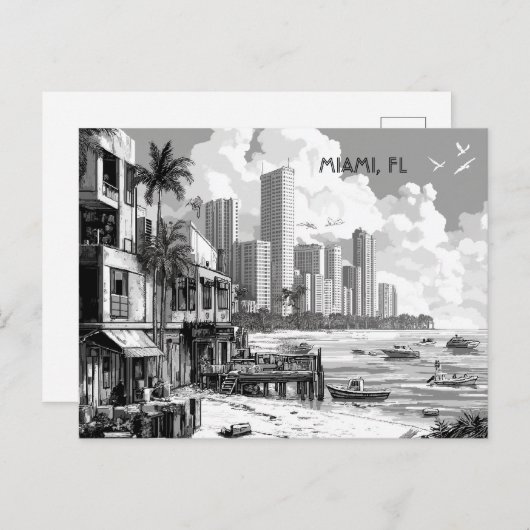 Carte Postale Miami Floride Voyage noir et blanc (Devant / Derrière)