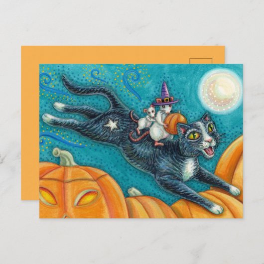 CARTE POSTALE MICE BLANCHE & CHAT NOIR SUR CHASSE HALLOWEEN SCAV (Devant / Derrière)