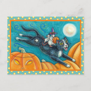 CARTE POSTALE MICE BLANCHE & CHAT NOIR SUR CHASSE HALLOWEEN SCAV