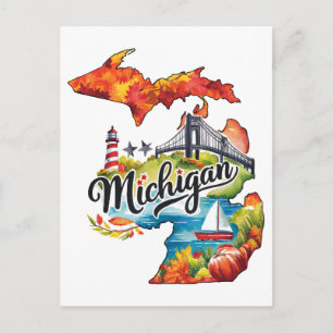 Carte Postale Michigan États-Unis État Forme Aquarelle Vintage