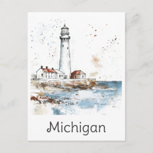 Carte Postale Michigan Grands Lacs Phare Aquarelle Voyage