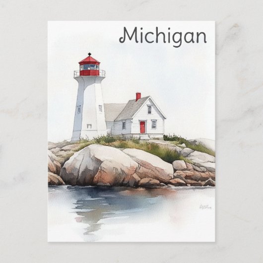 Carte Postale Michigan Phare des Grands Lacs Aquarelle Voyage (Devant)