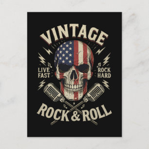 Carte Postale Microphone Ruban Drapeau Américain Crâne Rock Vint