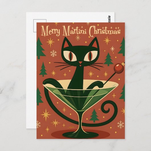 Carte Postale Mid Century Black Cat Merry Martini Christmas (Devant / Derrière)