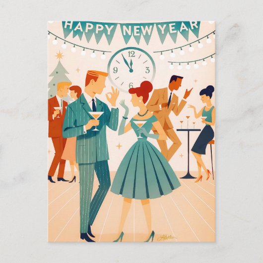 Carte Postale Mid Century Happy New Year The Martini Dance (Devant)