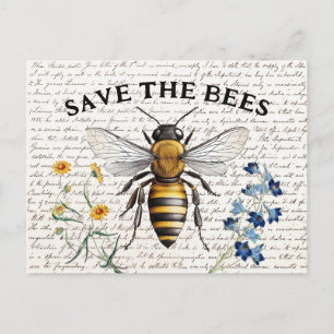 Carte Postale Miel Abee Sauvez les abeilles Script Flowers