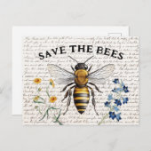 Carte Postale Miel Abee Sauvez les abeilles Script Flowers (Devant / Derrière)