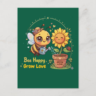 Carte Postale Mignon abeille Kawaii arrosant un tournesol Abeill